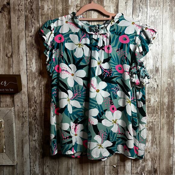 THML Tops - Tropical Floral Ruffle Sleeve Blouse with Back Keyhole